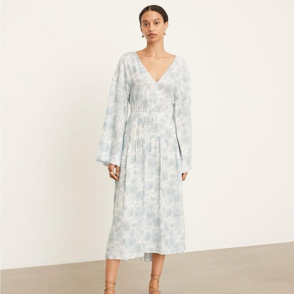 Vince Dahlia Floral Long Sleeve Double V-neck Dress